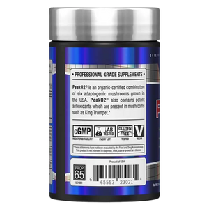 Back view of a Peak02 dietary supplement bottle with a metallic silver cap and a dark blue label featuring white text and product details.