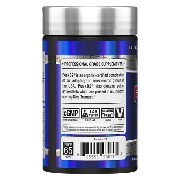 Back view of a Peak02 dietary supplement bottle with a metallic silver cap and a dark blue label featuring white text and product details.