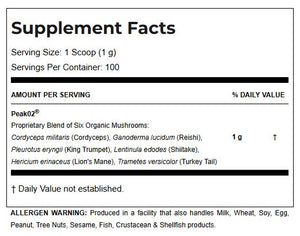A Supplement Facts label showing the nutrition facts for Peak02® mushroom blend. The label lists serving size as 1 scoop (1 g), servings per container as 100, and lists the ingredients including Cordyceps militaris, Ganoderma lucidum, Pleurotus eryngii, Lentinula edodes, Hericium enniaceus, and Trametes versicolor.