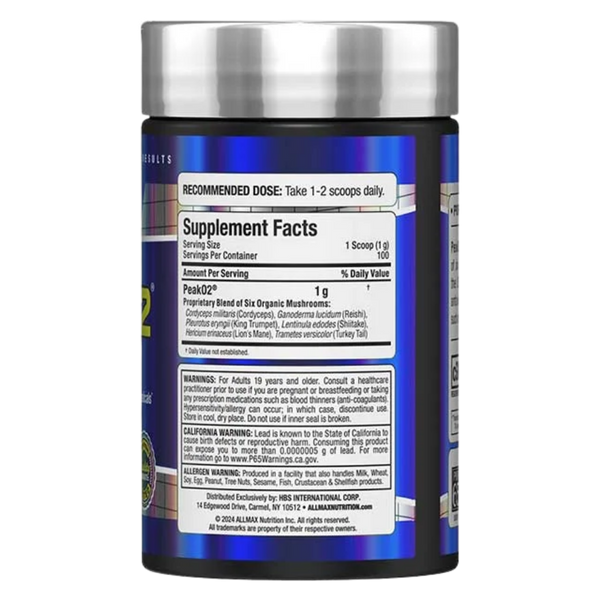 A bottle of Peak02 Organic Mushrooms supplement with a dark blue label and a metallic silver cap, shown against a plain white background.
