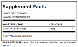 A Supplement Facts label showing creatine HCl (hydrochloride) information for a vegan supplement. The label states serving size is 1 capsule, servings per container is 90, and creatine HCl is 750 mg.