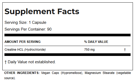 A Supplement Facts label showing creatine HCl (hydrochloride) information for a vegan supplement. The label states serving size is 1 capsule, servings per container is 90, and creatine HCl is 750 mg.