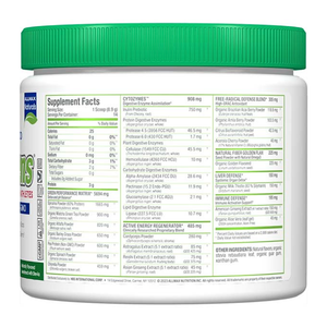 Supplement container with green lid and detailed label on a white background