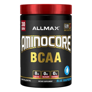 Allmax Aminocore BCAA supplement container with red lid on a white background in the blue raspberry flavor