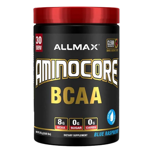 Allmax Aminocore BCAA supplement container with red lid on a white background in the blue raspberry flavor