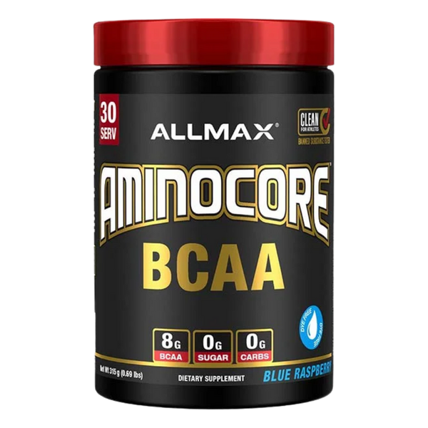 Allmax Aminocore BCAA supplement container with red lid on a white background in the blue raspberry flavor