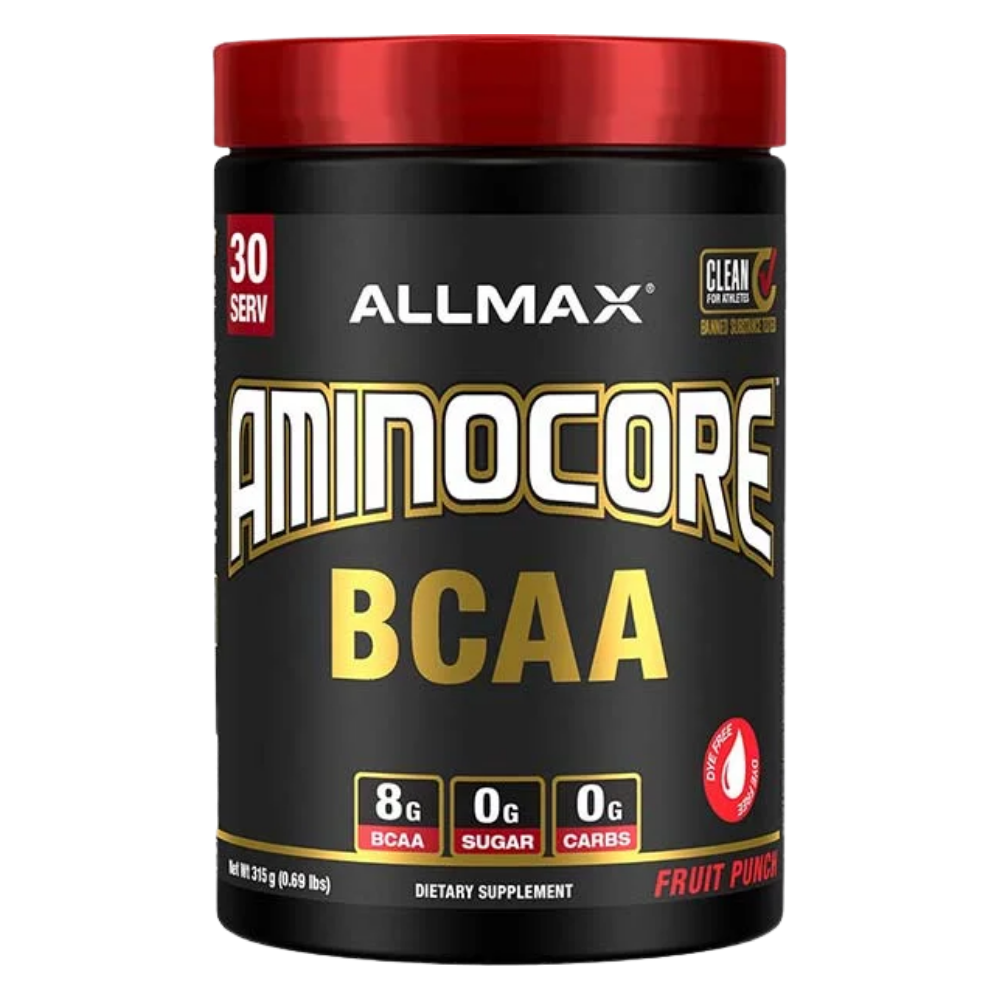 Allmax Aminocore BCAA supplement container with red lid on a white background in the blue raspberry flavor