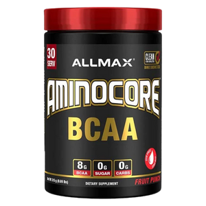 Allmax Aminocore BCAA supplement container with red lid on a white background in the fruit punch flavor