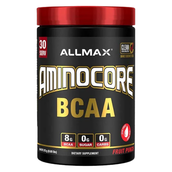 Allmax Aminocore BCAA supplement container with red lid on a white background in the fruit punch flavor