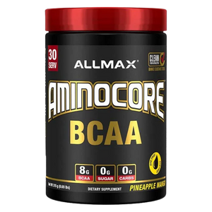 Allmax Nutrition AminoCore BCAA 315 Grams in the pineapple mango flavor on a white background