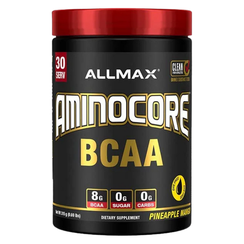 Allmax Nutrition AminoCore BCAA 315 Grams in the pineapple mango flavor on a white background
