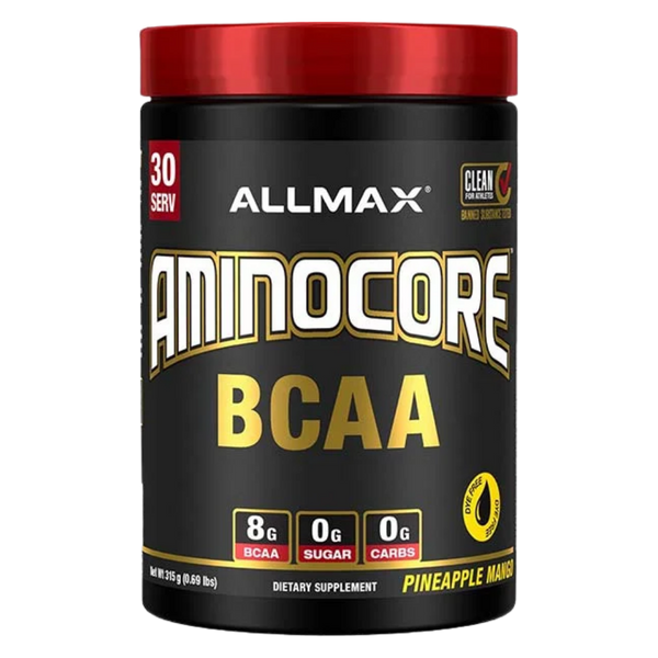 Allmax Nutrition AminoCore BCAA 315 Grams in the pineapple mango flavor on a white background