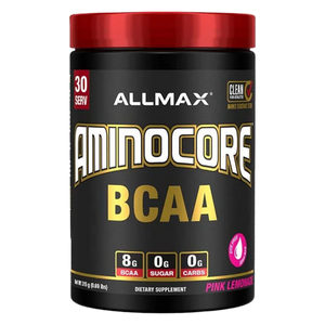 Allmax Aminocore BCAA supplement container with red lid on a white background in the pink lemonade flavor