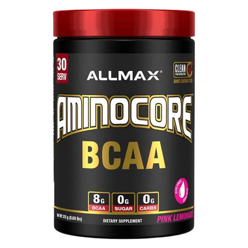 Allmax Aminocore BCAA supplement container with red lid on a white background in the pink lemonade flavor