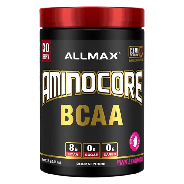 Allmax Aminocore BCAA supplement container with red lid on a white background in the pink lemonade flavor