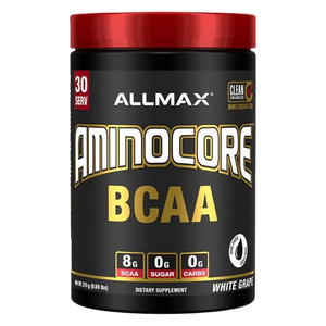 Allmax Nutrition AminoCore BCAA 315 Grams in the white grape flavor on a white background