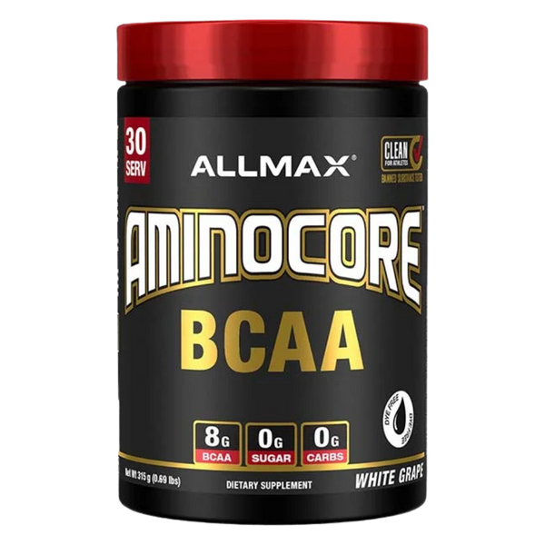 Allmax Nutrition AminoCore BCAA 315 Grams in the white grape flavor on a white background