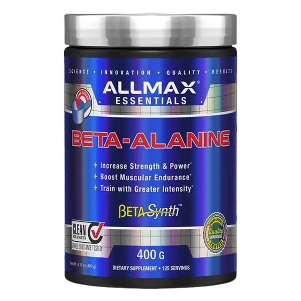 Allmax Essentials Beta-Alanine supplement container on a white background