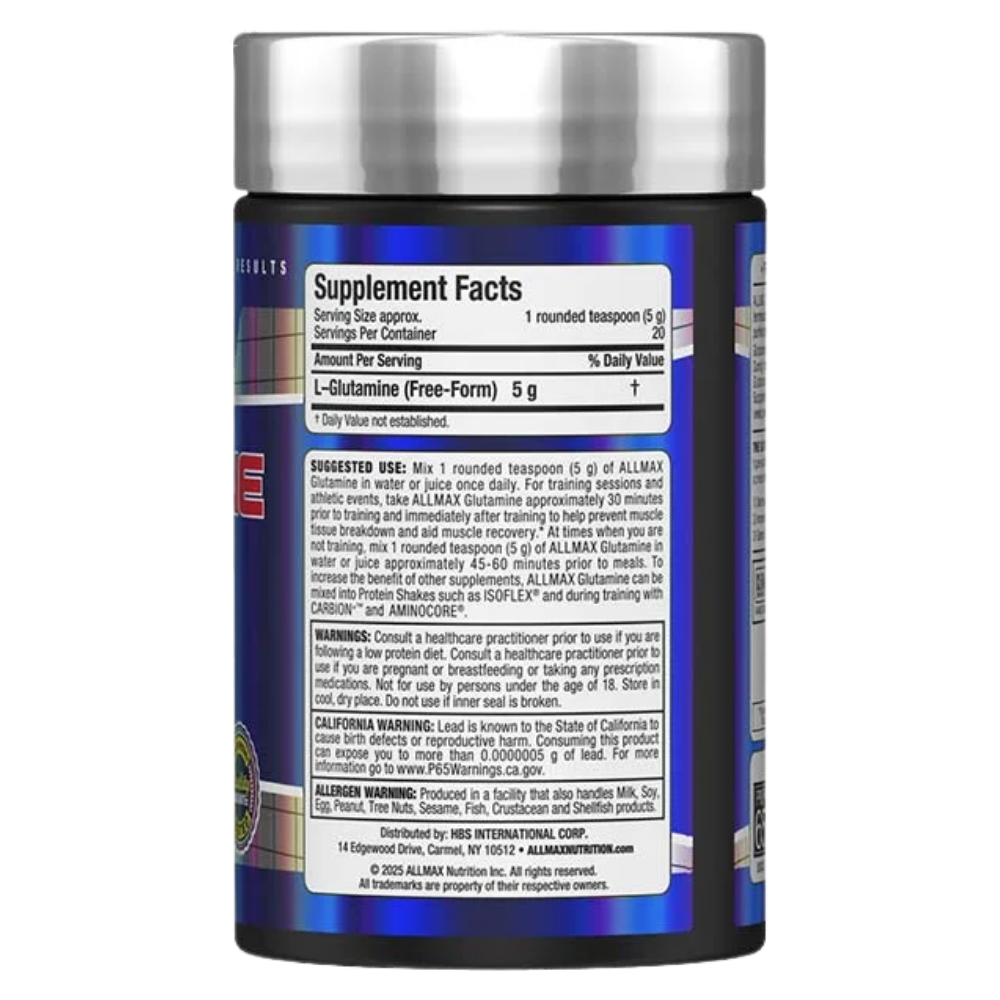 Allmax Essentials Glutamine supplement container on a white background