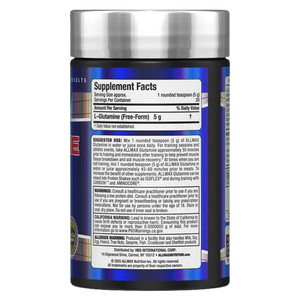 Allmax Nutrition Glutamine 100 Grams Supplement Facts on the back of the bottle.