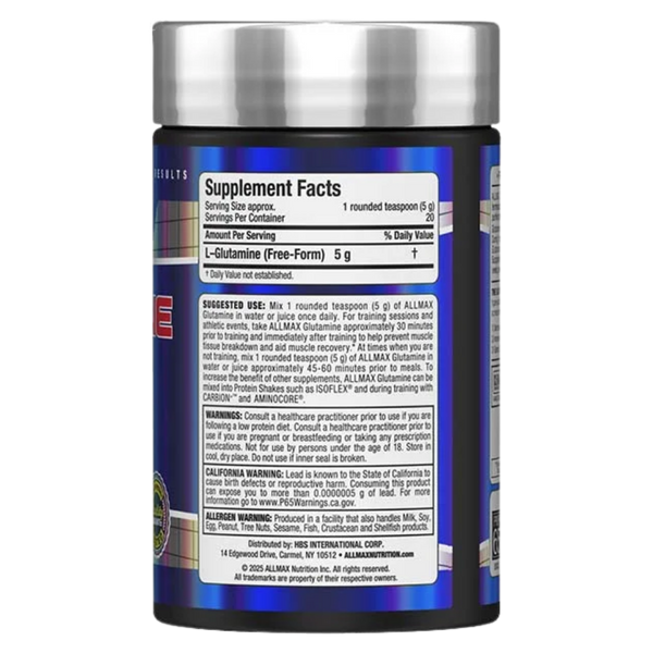 Allmax Nutrition Glutamine 100 Grams Supplement Facts on the back of the bottle.