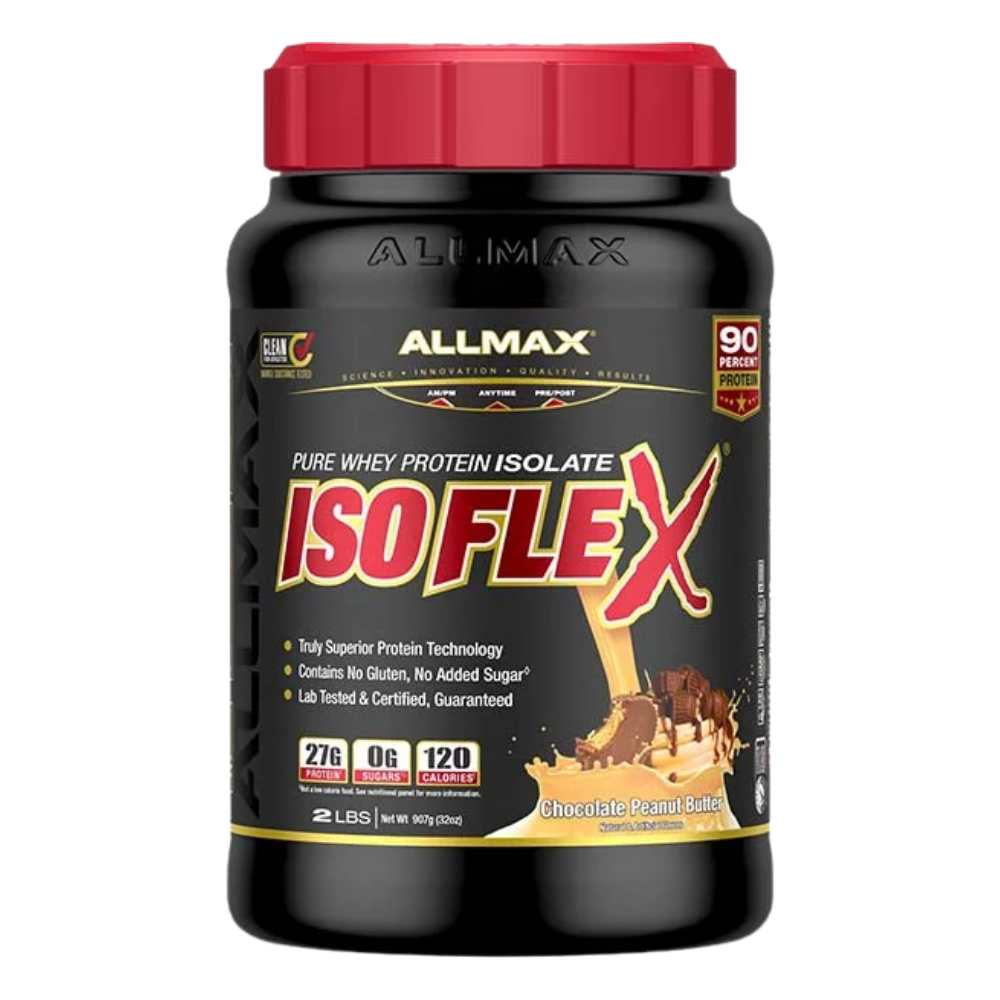 Allmax Isoflex: 10f0% Whey Protein Isolate tub in the peanut butter chocolate flavor on a white background