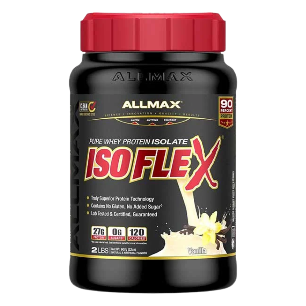 Allmax Isoflex: 10f0% Whey Protein Isolate tub in the peanut butter chocolate flavor on a white background