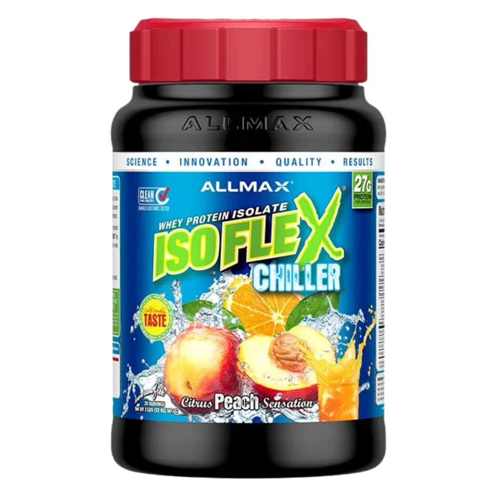 Allmax ISO FLEX Chiller protein supplement bottle with red cap on a white background