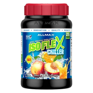 Allmax ISO FLEX Chiller protein supplement bottle with red cap on a white background