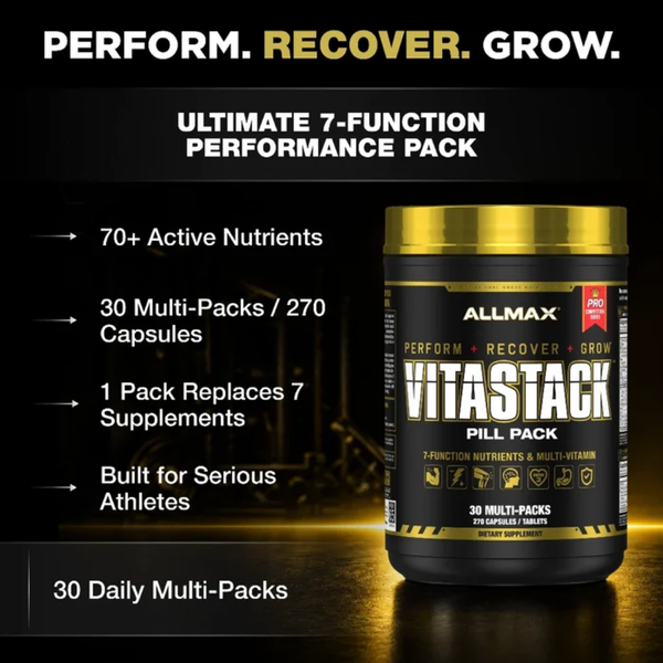 An image of the Allmax Nutrition Vitastack tub on a black and gold background with 4 facts listed on the left side of the tub.