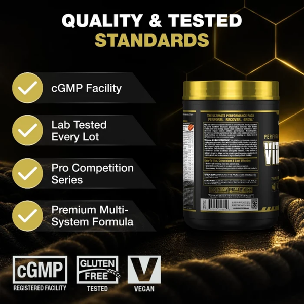 An image of the Allmax Nutrition Vitastack tub on a black and gold background with 4 facts listed on the left side of the tub.