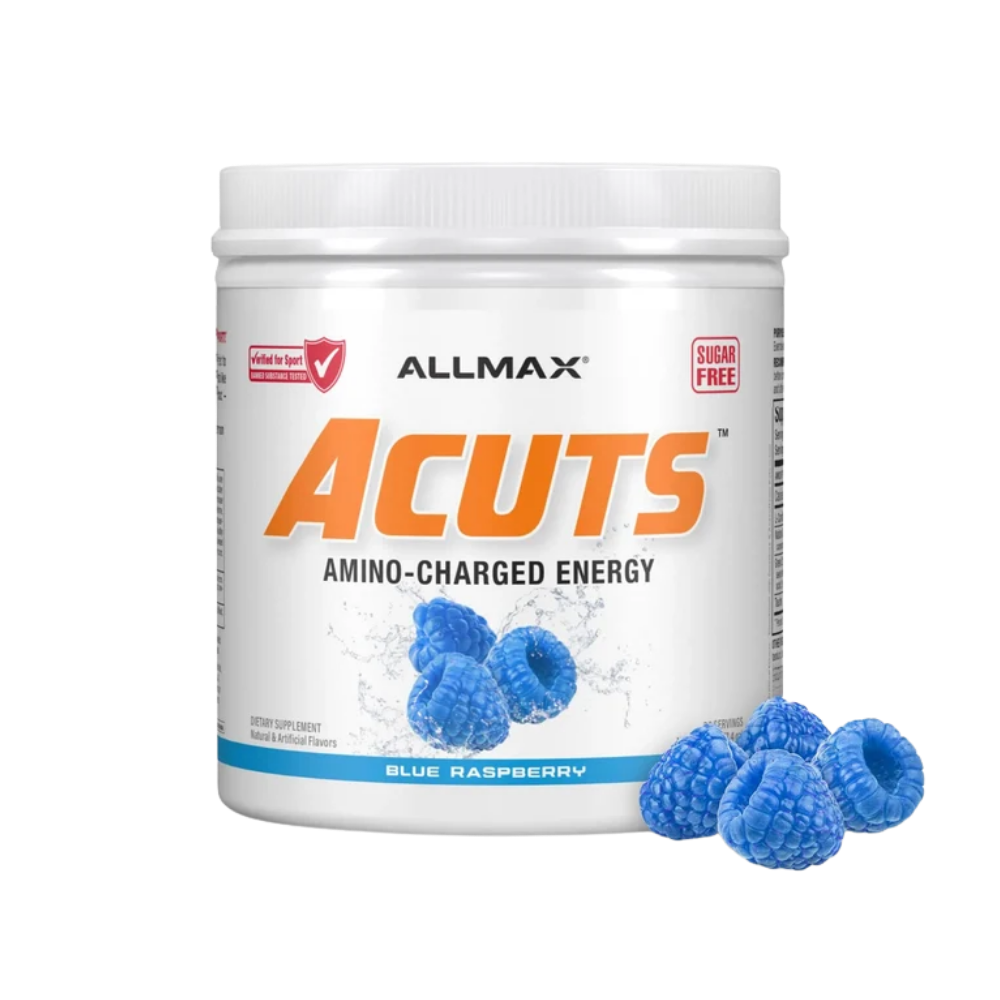 A white tub of ALLMAX Acuts Amino-Charged Energy supplement powder, Sweet Tea flavor, shown next to a glass of iced tea and lemon slices on a white background.