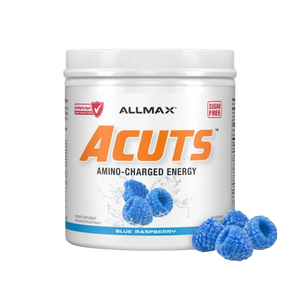 A white plastic tub of Allmax Acuts Amino-Charged Energy in Blue Raspberry flavor, shown on a plain white background with several blue raspberries placed in front of the container.