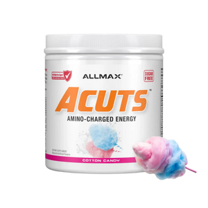 A white plastic tub of Allmax Acuts Amino-Charged Energy in Cotton Candy flavor, shown on a plain white background with a cotton candy graphic in the lower right corner.