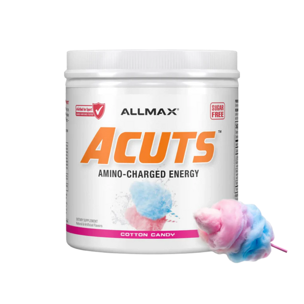 A white plastic tub of Allmax Acuts Amino-Charged Energy in Cotton Candy flavor, shown on a plain white background with a cotton candy graphic in the lower right corner.