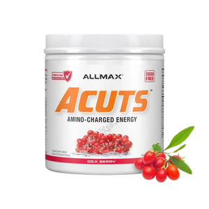 A white plastic tub of Allmax Acuts amino-charged energy supplement in Goji Berry flavor, shown on a plain white background with a goji berry graphic at the bottom right.
