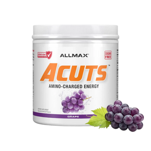 A white plastic tub of Allmax Acuts Amino-Charged Energy supplement in grape flavor, featuring a graphic of purple grapes and a green leaf on the front label.