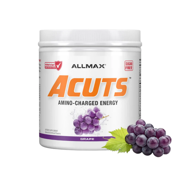 A white plastic tub of Allmax Acuts Amino-Charged Energy supplement in grape flavor, featuring a graphic of purple grapes and a green leaf on the front label.