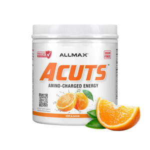 A white plastic tub of ALLMAX Acuts Amino-Charged Energy supplement in Orange flavor, featuring a white label with bold orange text and illustrations of fresh orange slices and green leaves, set against a plain white background.