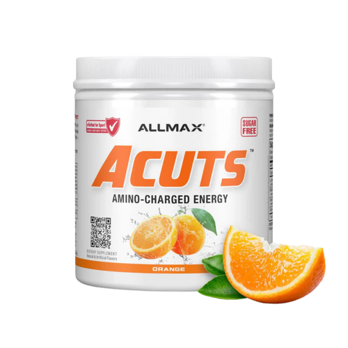 A white plastic tub of ALLMAX Acuts Amino-Charged Energy supplement in Orange flavor, featuring a white label with bold orange text and illustrations of fresh orange slices and green leaves, set against a plain white background.