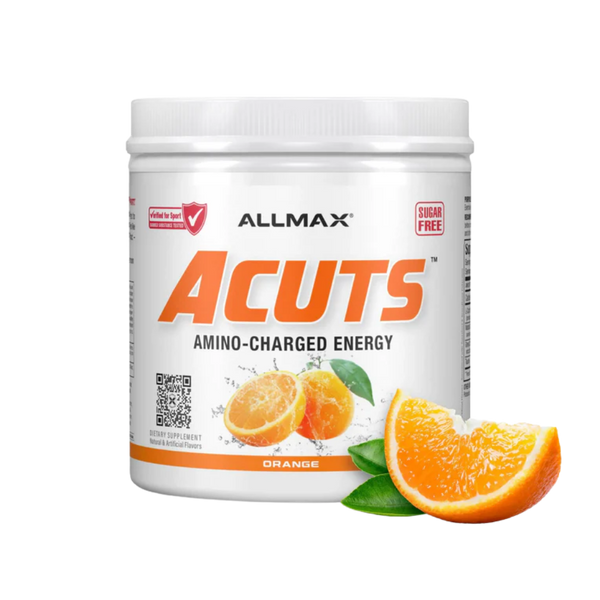 A white plastic tub of ALLMAX Acuts Amino-Charged Energy supplement in Orange flavor, featuring a white label with bold orange text and illustrations of fresh orange slices and green leaves, set against a plain white background.