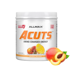 A white plastic tub of Allmax Acuts Amino-Charged Energy powder in Peach Mango flavor, shown on a plain white background with peach and mango fruit graphics on the front label and to the right.