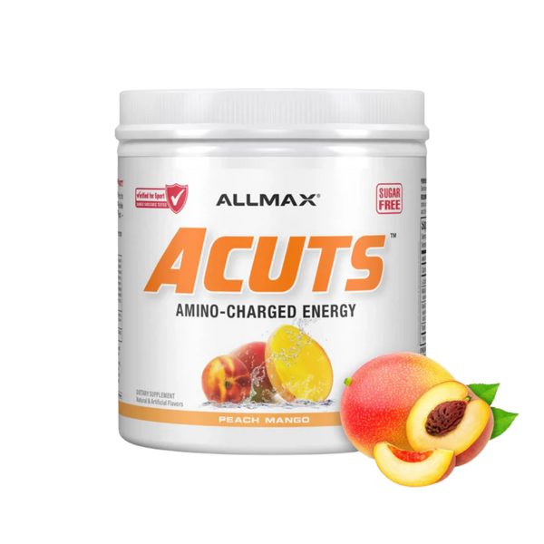 A white plastic tub of Allmax Acuts Amino-Charged Energy powder in Peach Mango flavor, shown on a plain white background with peach and mango fruit graphics on the front label and to the right.