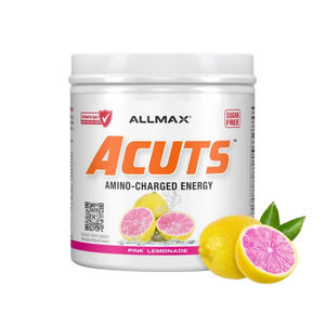 A white plastic tub of Allmax Acuts Amino-Charged Energy supplement in Pink Lemonade flavor, shown on a white background with pink grapefruit and yellow lemon illustrations on the label and two whole/grapefruit halves with green leaves in the foreground.