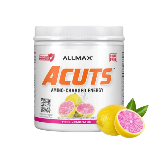 A white plastic tub of Allmax Acuts Amino-Charged Energy supplement in Pink Lemonade flavor, shown on a white background with pink grapefruit and yellow lemon illustrations on the label and two whole/grapefruit halves with green leaves in the foreground.