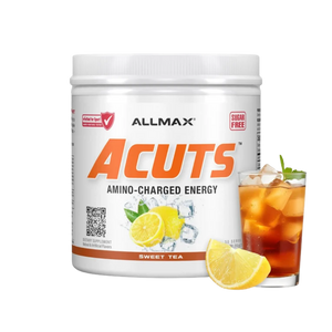 A white tub of ALLMAX Acuts Amino-Charged Energy supplement powder, Sweet Tea flavor, shown next to a glass of iced tea and lemon slices on a white background.