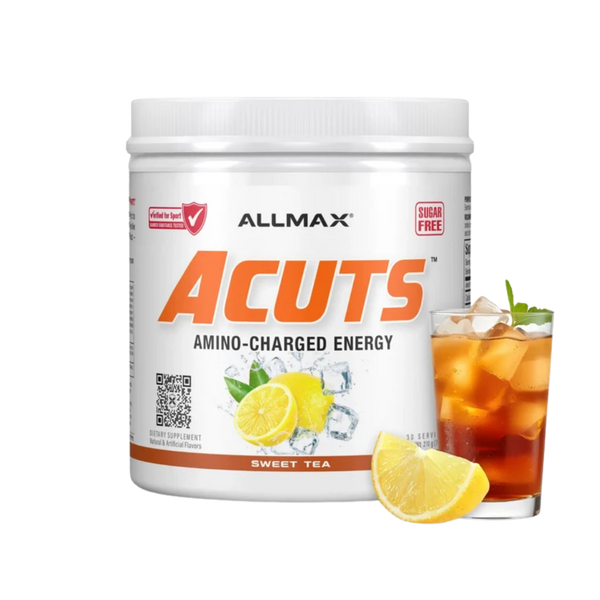 A white tub of ALLMAX Acuts Amino-Charged Energy supplement powder, Sweet Tea flavor, shown next to a glass of iced tea and lemon slices on a white background.