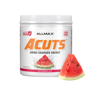 A white plastic tub of ALLMAX Acuts Amino-Charged Energy supplement in Watermelon flavor, shown next to a fresh watermelon slice on a plain white background.