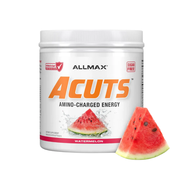 A white plastic tub of ALLMAX Acuts Amino-Charged Energy supplement in Watermelon flavor, shown next to a fresh watermelon slice on a plain white background.