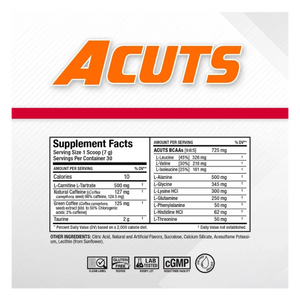 Front label of an ACUTS supplement package, showing the large orange ACUTS logo, serving size information, a supplement facts panel, and certification badges on a white background.